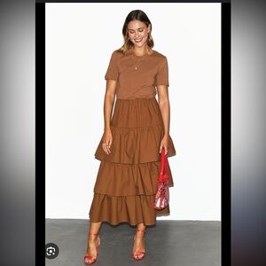 Never Fully Dressed Brown Tiered Midi Dress